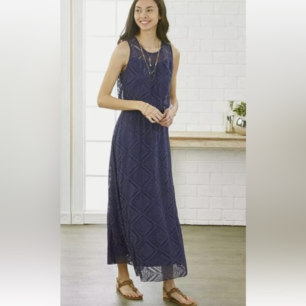Kings Road Women's Blue Crochet Lace Blouson Dress Size L  long dress